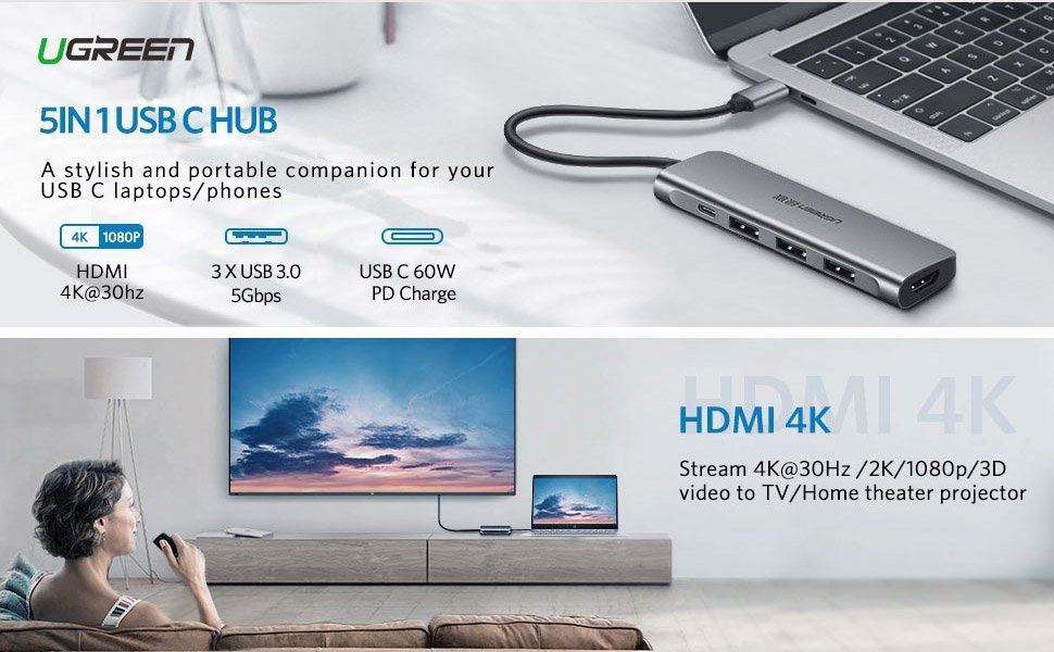 Bộ chuyển USB Type C to HDMI + Hub USB 3.0 Ugreen 50209
