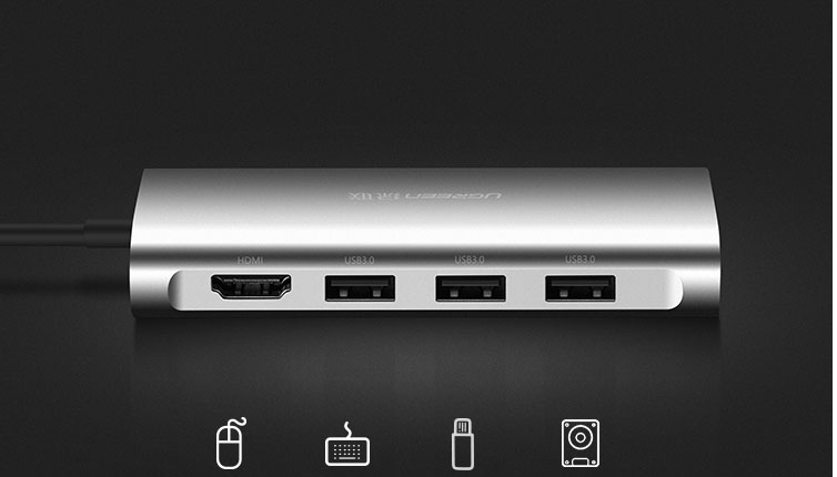 Bộ chuyển đa năng USB Type-C to HDMI+ Lan + USB 3.0 + SD/TF + sạc Type-C Ugreen 50516