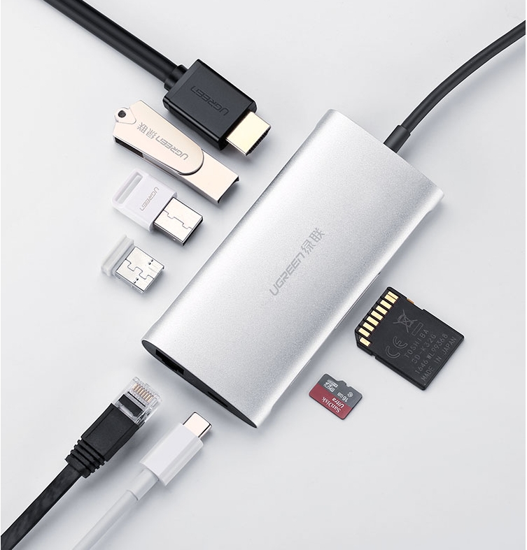 Bộ chuyển đa năng USB Type-C to HDMI+ Lan + USB 3.0 + SD/TF + sạc Type-C Ugreen 50516