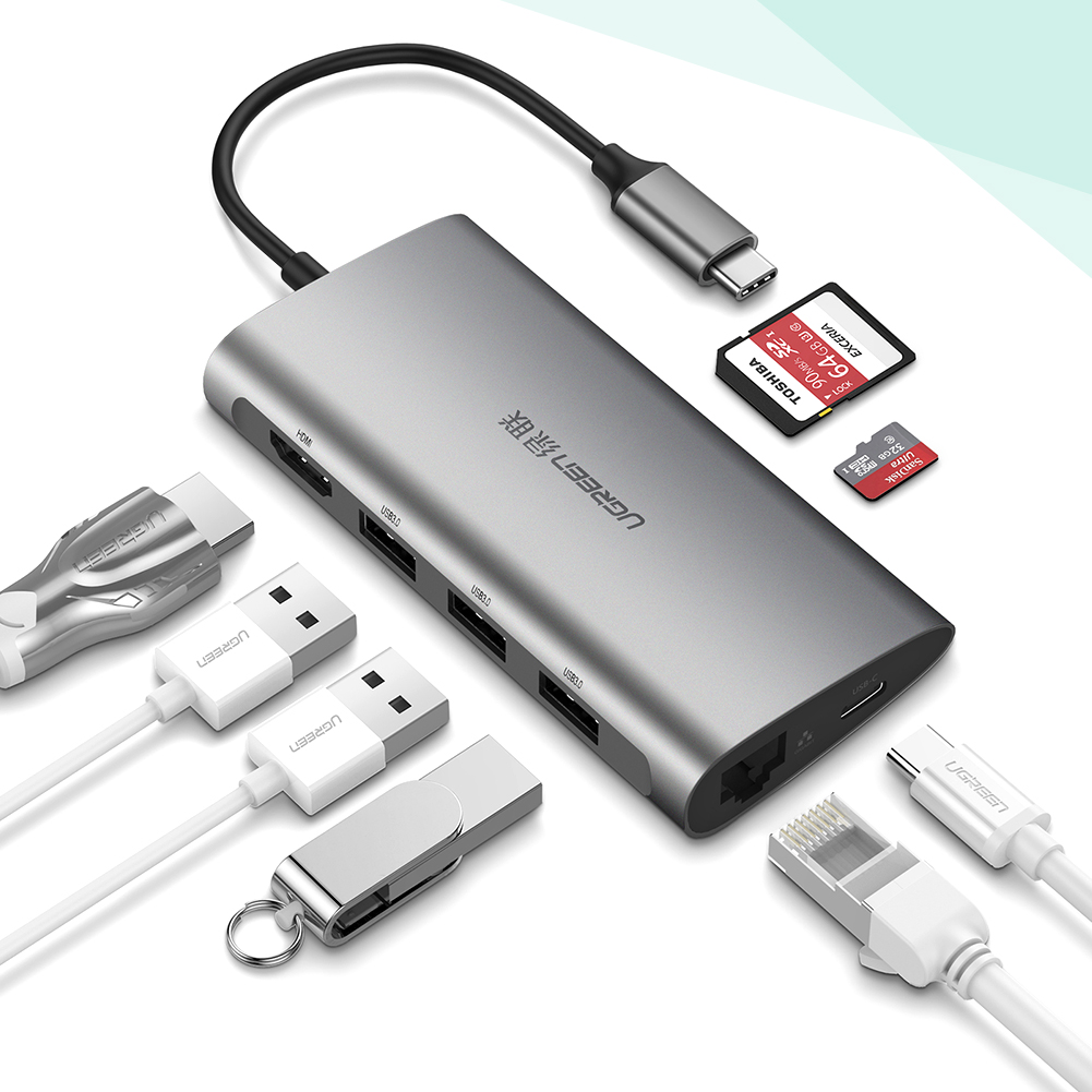 Bộ chuyển USB Type C to HDMI+ Lan + USB 3.0 + SD/TF + sạc Type-C Ugreen 50538