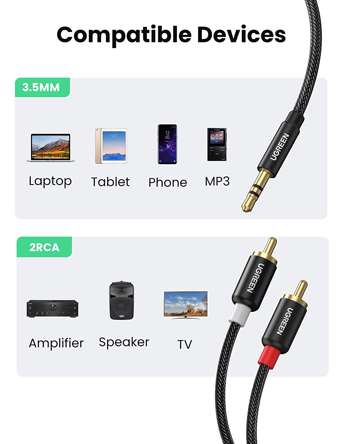 Cáp âm thanh 1 ra 2 RCA dài 1M Ugreen 60240 Cáp âm thanh 1 ra 2 RCA dài 1M Ugreen 60240