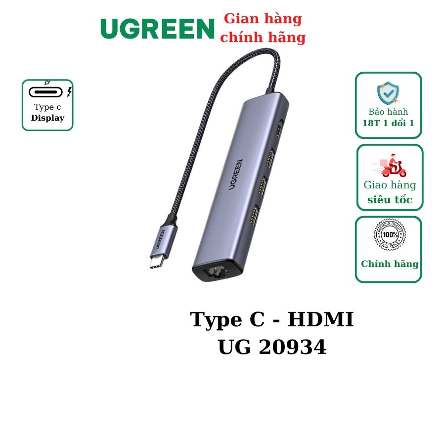 Bộ chuyển Type C to HDMI + USB 3.0 + Lan Gigabit Ugreen 20934