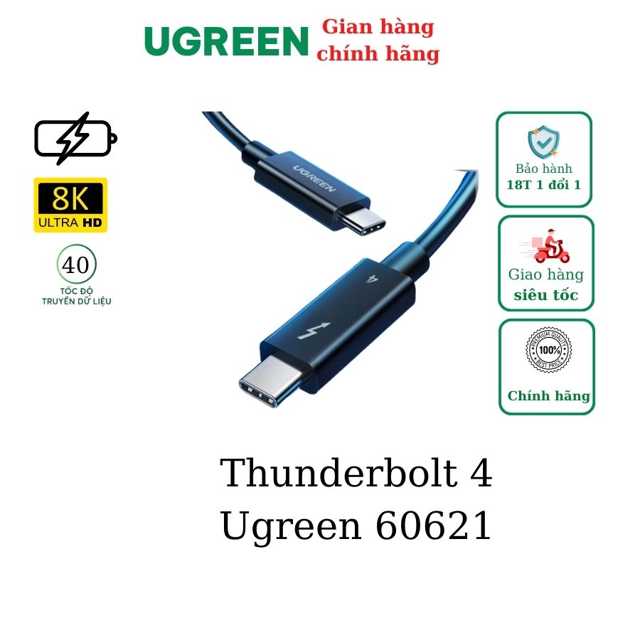 Cáp Thunderbolt 4 dài 2m hỗ trợ 8k + PD100w + truyền data 40Gbps Ugreen 60621