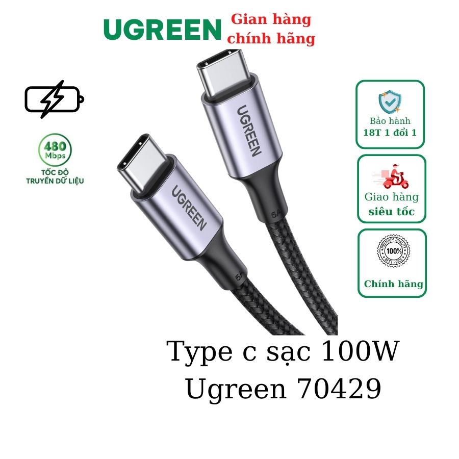 Cáp USB Type C dài 2m PD 100W Ugreen 70429