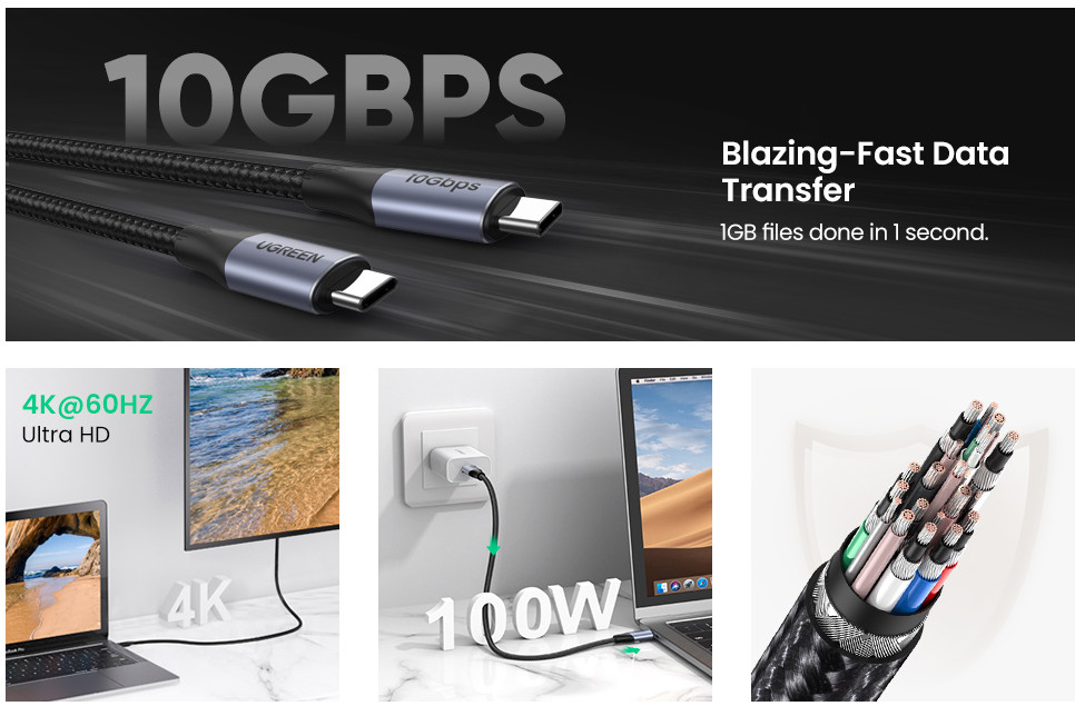 Cáp USB Type-C 3.1 Gen2 dài 1M tốc độ 10Gbps, hỗ trợ 4K, PD 100W Ugreen 80150 Cáp USB Type-C 3.1 Gen2 dài 1M tốc độ 10Gbps, hỗ trợ 4K, PD 100W Ugreen 80150