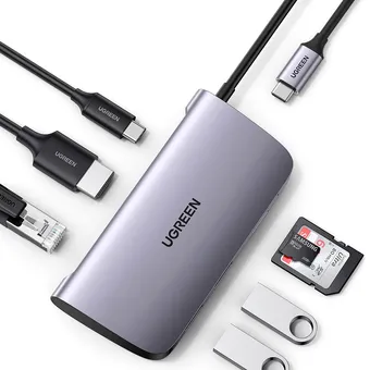 Bộ chuyển Type-C to HDMI + Lan +  USB 3.0 +  SD/TF + PD Type-C 100W Ugreen 50852