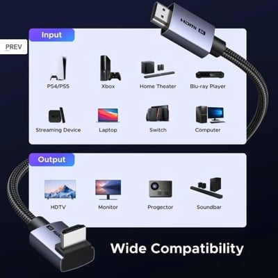 Cáp HDMI 2.1 dài 3M bẻ góc 90 chuẩn 8K Ugreen 85242 HD188