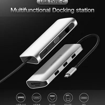 Bộ chuyển USB Type C to HDMI + VGA + USB 3.0 + LAN 1Gbps + Card Reader Ugreen 40873