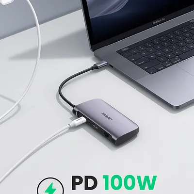Bộ chuyển Type-C to HDMI + Lan +  USB 3.0 +  SD/TF + PD Type-C 100W Ugreen 50852