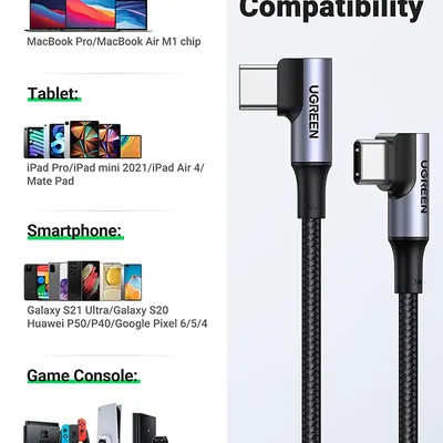 Cáp USB Type C dài 1m góc 90 PD 100W Ugreen 70696