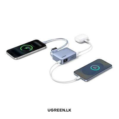Pin sạc dự phòng dùng cho điện thoại laptop 10000mAh màu xanh 3 cổng đầu ra tích hợp dây 25cm Ugreen 75173B PB584