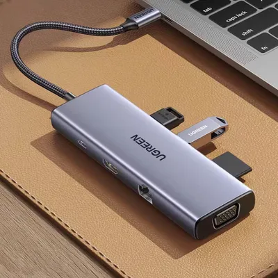 Bộ chuyển Type C to HDMI + VGA + USB 3.0 + LAN 1Gbps + Card Reader + PD 100w Ugreen 15600