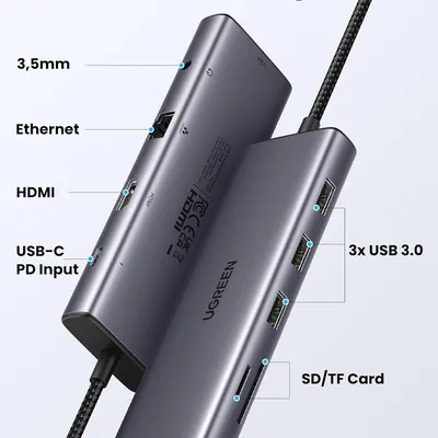 Bộ chuyển Type C to HDMI + VGA+ USB 3.0 + LAN 1Gbps + Card Reader + 3.5mm Ugreen 15601 CM498