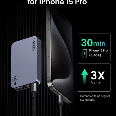Sạc điện thoại 2 cổng USB-C và 1 USB Nexode Pro hỗ trợ GaN 65W màu ghi xám Ugreen 15817 X753
