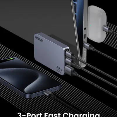 Sạc điện thoại 2 cổng USB-C và 1 USB Nexode Pro hỗ trợ GaN 65W màu ghi xám Ugreen 15817 X753