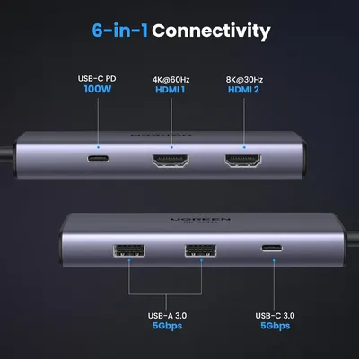 Thiết bị chuyển đổi Type C to 2*USB 3.0 + USB-C + 2*HDMI + PD 100W Ugreen 15852 CM948