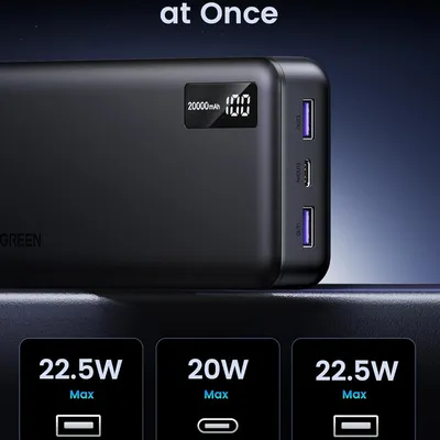 Pin sạc dự phòng dùng cho điện thoại 20000mAh Li-ion màu đen 3 cổng đầu ra Ugreen 25683