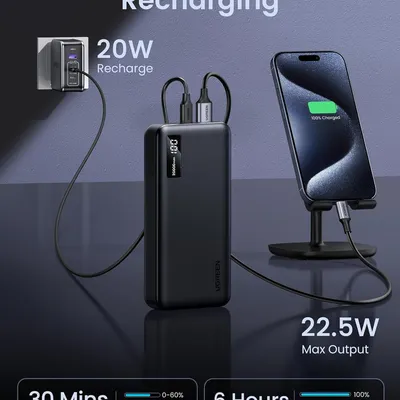 Pin sạc dự phòng dùng cho điện thoại 20000mAh Li-ion màu đen 3 cổng đầu ra Ugreen 25683