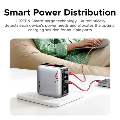 Sạc USB-C 5 cổng  4 USB-C và 1 USB-A công nghệ GaN vỏ nhựa màu xám có màn LCD hiển thị công suất Ugreen 35379 X774