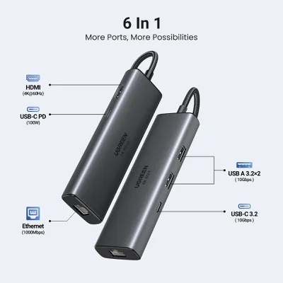 Bộ chuyển đổi USB-C sang USB-C PD+3*USB 3.0+RJ45+HDMI hỗ trợ 4K@60hz Ugreen 45000 CM512