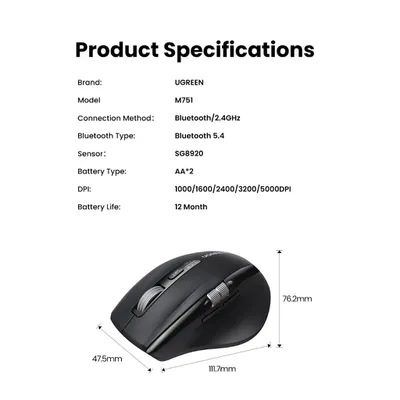 Chuột không dây 2.4Ghz+Bluetooth dùng cho máy tính + laptop + chất liệu nhựa ABS Ugreen 45792