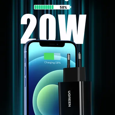 Sạc điện thoại cổng USB-C trợ PD 20W màu đen cáp Type-C to lightning chân EU Ugreen 50799