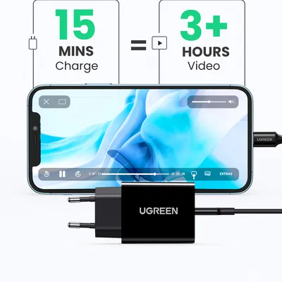 Sạc điện thoại cổng USB-C trợ PD 20W màu đen cáp Type-C to lightning chân EU Ugreen 50799