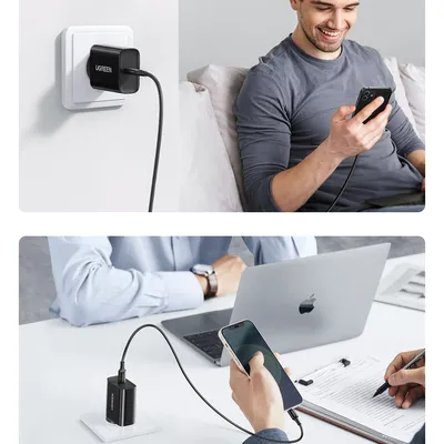Sạc điện thoại cổng USB-C trợ PD 20W màu đen cáp Type-C to lightning chân EU Ugreen 50799
