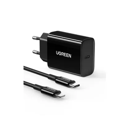 Sạc điện thoại cổng USB-C trợ PD 20W màu đen cáp Type-C to lightning chân EU Ugreen 50799