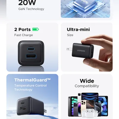 Sạc điện thoại 2 cổng USB-C và USB-A GaN 20W Ugreen 55533 X514