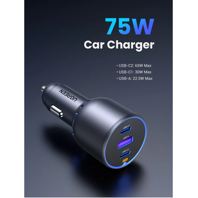 Sạc USB 3 cổng cho ô tô QC 3.0 và Type-C màu ghi xám Ugreen 35024 EC703