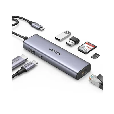 Bộ chuyển Type C sang 2 * USB 3.0 + HDMI + RJ45 + Sd/TF + PD 100W Ugreen (90568)