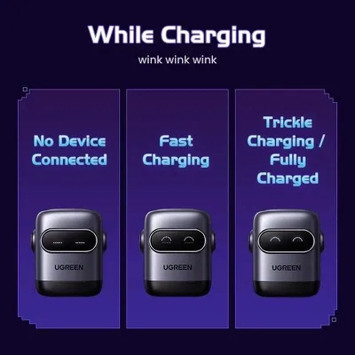 Sạc điện thoại 3 cổng USB-C và USB-A GaN 65W màu đen xám tạo hình robot Ugreen 45001 X662