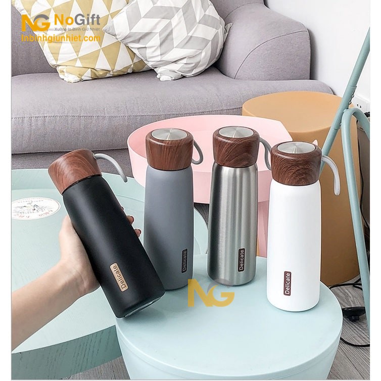 Bình nước giữ nhiệt nắp gỗ khắc tên 500ml Bình nước giữ nhiệt nắp gỗ khắc tên 500ml