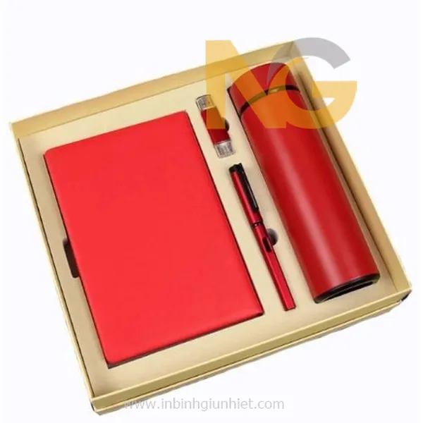 Bình giữ nhiệt quà tặng Usb sổ tay bút bi màu đỏ