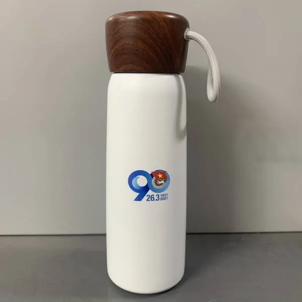 Bình giữ nhiệt in logo nắp vân gỗ 500ml