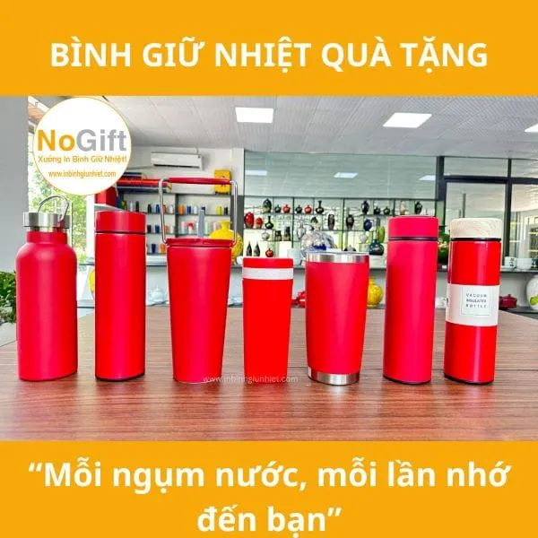 Bình giữ nhiệt in logo quai xách màu đỏ
