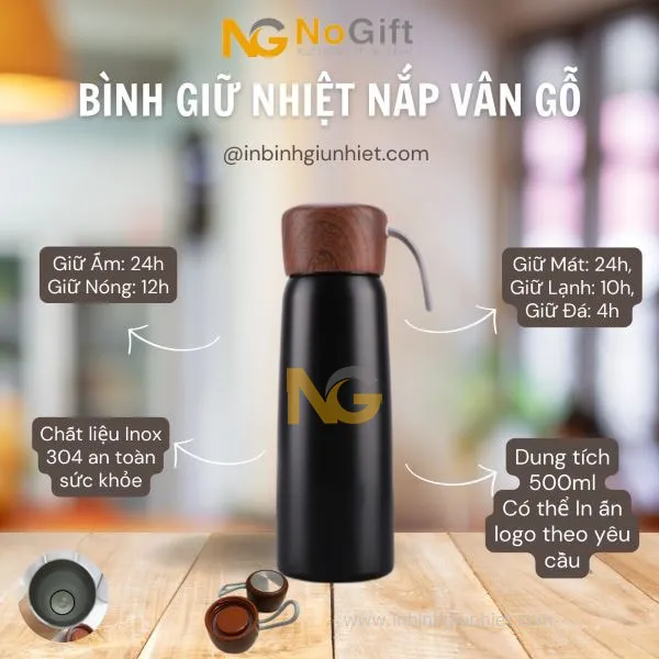 Bình giữ nhiệt in logo nắp vân gỗ 500ml