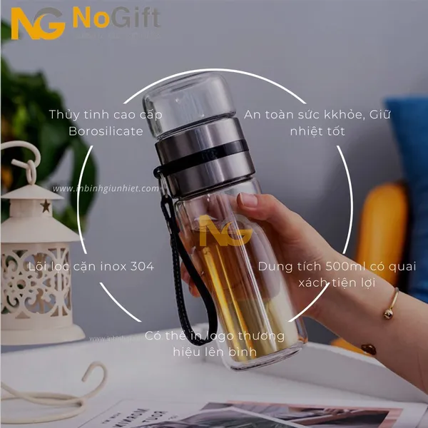 Bình thủy tinh 2 lớp lõi lọc trà 450ml