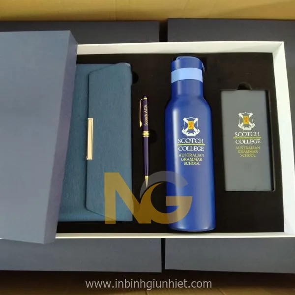 Bình giữ nhiệt quà tặng in logo sổ da bút bi usb màu xanh