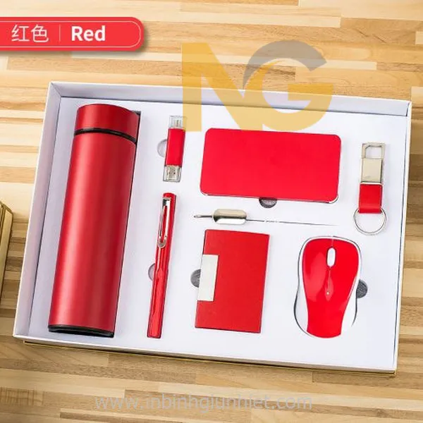 Bình giữ nhiệt quà tặng in logo Usb chuột sạc dự phòng bút bi màu đỏ