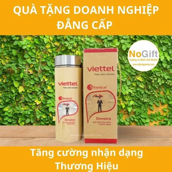 Bình giữ nhiệt gỗ trúc in logo kèm bút bi gỗ