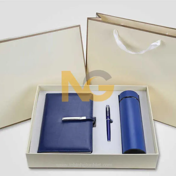 Bình giữ nhiệt quà tặng sổ tay bút bi màu xanh dương