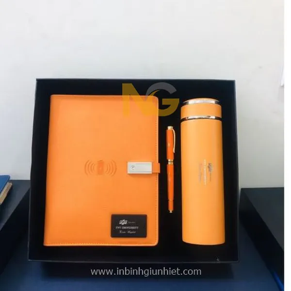 Bình giữ nhiệt quà tặng sổ tay bút bi màu cam