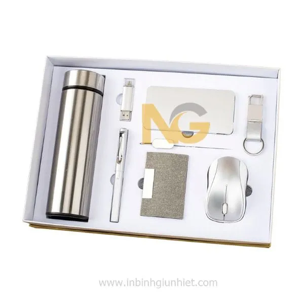 Bình giữ nhiệt quà tặng in logo Usb chuột sạc dự phòng bút bi màu bạc