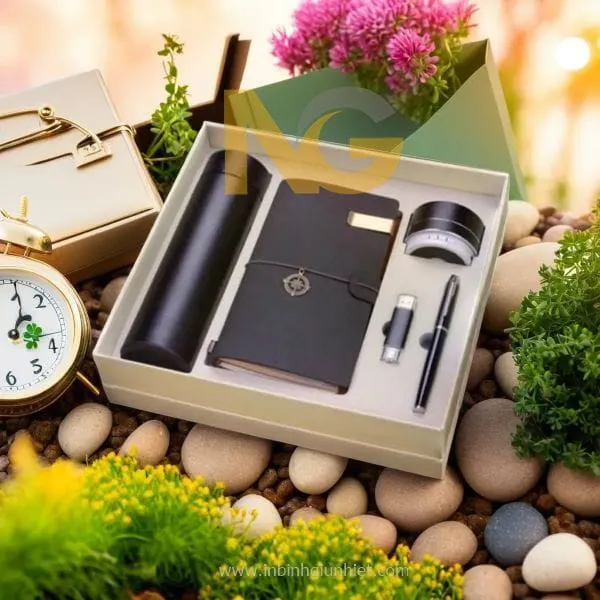 Bình giữ nhiệt quà tặng in logo sổ tay bút bi loa Bluetooth mini