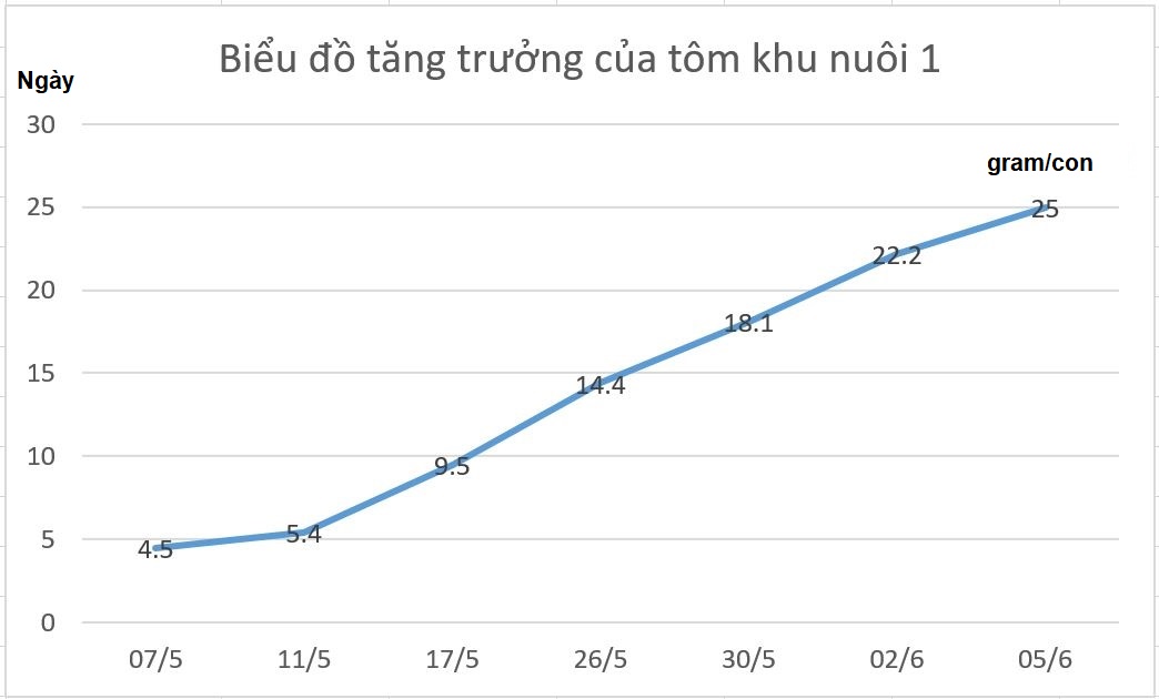 biểu đồ tăng trưởng tôm sau khi dùng giải pháp EHP và vi rút đốm trắng của Mỹ Bình
