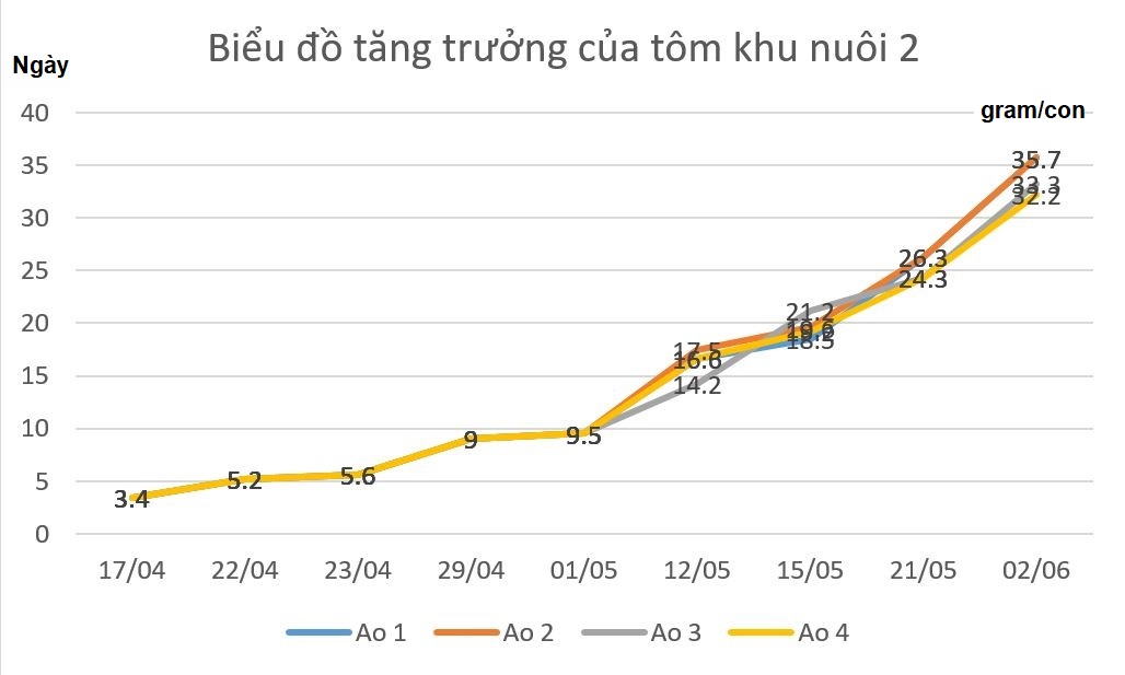biểu đồ tăng trưởng tôm sau khi dùng giải pháp EHP và vi rút đốm trắng của Mỹ Bình