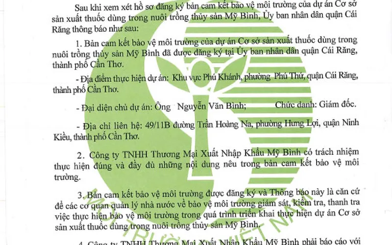 THÔNG BÁO: Về việc chấp nhận đăng ký bản cam kết bảo vệ môi trường