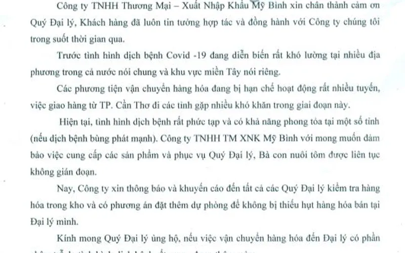 Thông báo V/v dự trù thiếu hụt hàng hóa do ảnh hưởng của dịch Covid - 19